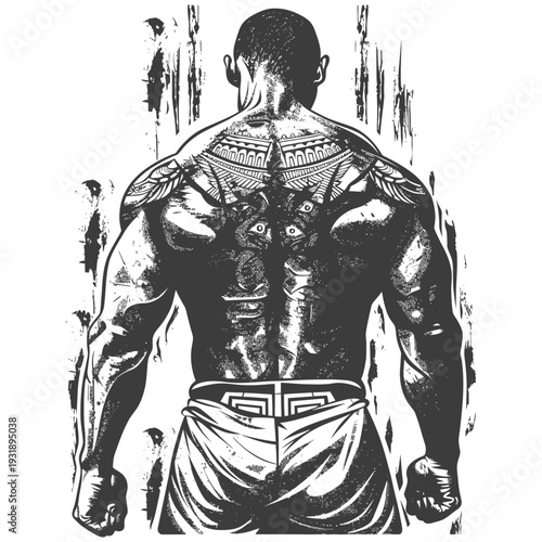 Muscular Man with Tribal Tattoo on Back, Facing Away from Viewer