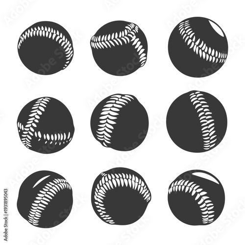 Nine Black and White Baseball Balls in Different Views