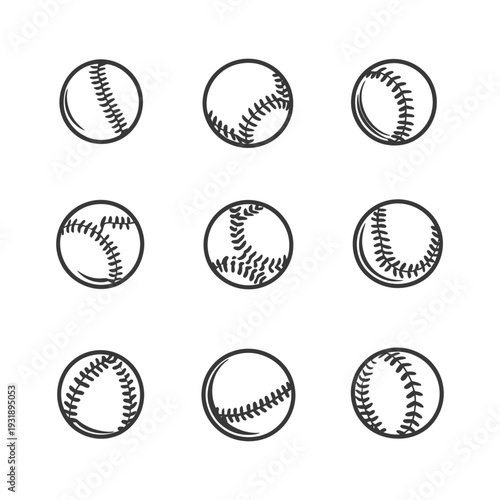 Nine Black and White Baseball Ball Icons