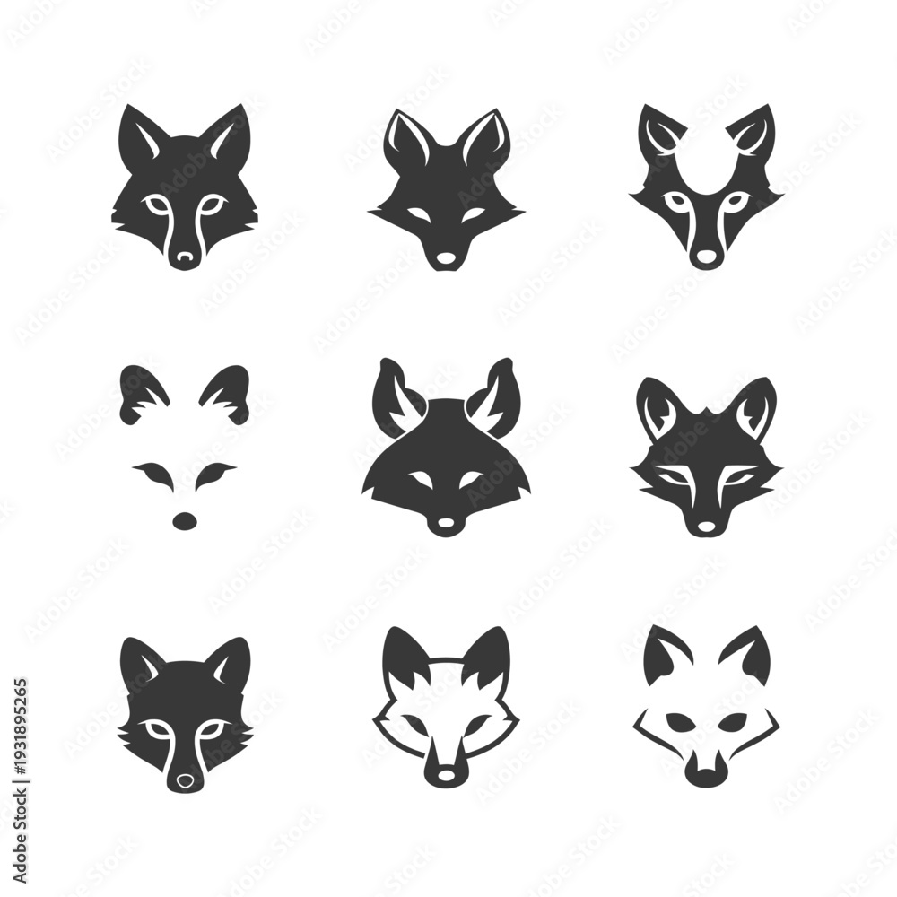 Fototapeta premium Nine Black and White Fox Head Silhouettes in Different Styles