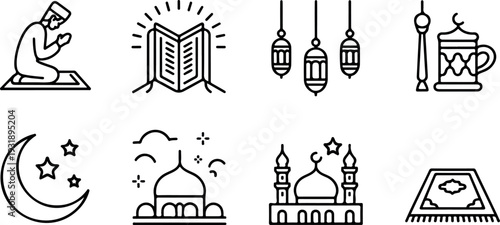 Traditional islamic ramadan icons set including mosque prayer quran lantern and crescent moon symbols design
