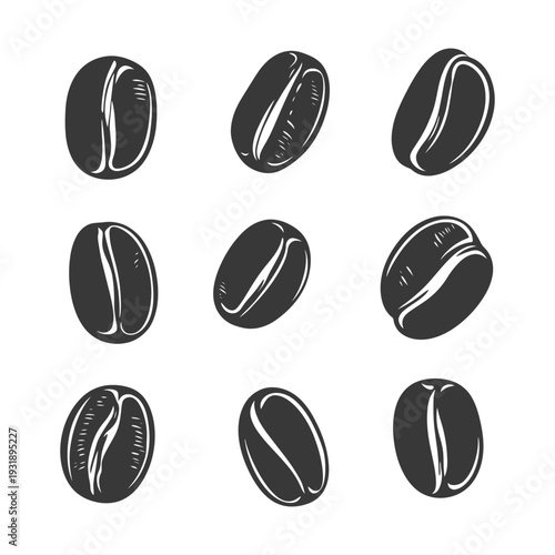 Nine Black and White Coffee Beans in Various Orientations
