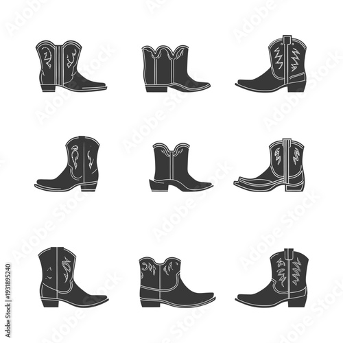 Nine Black and White Cowboy Boots with Embroidered Designs
