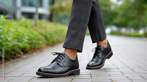 Black leather shoes walking on city pavement