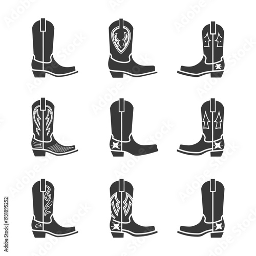 Nine Black and White Cowboy Boots with Different Designs