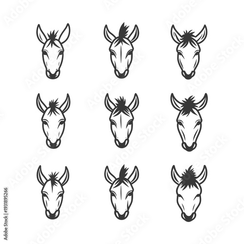 Nine Black and White Donkey Head Illustrations