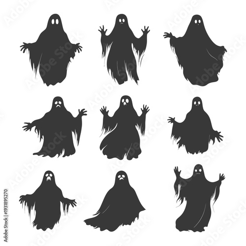 Nine Black and White Ghost Silhouettes in Various Poses