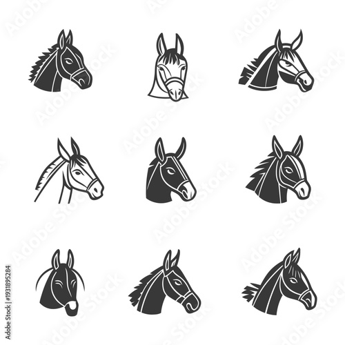 Nine Black and White Horse Head Illustrations