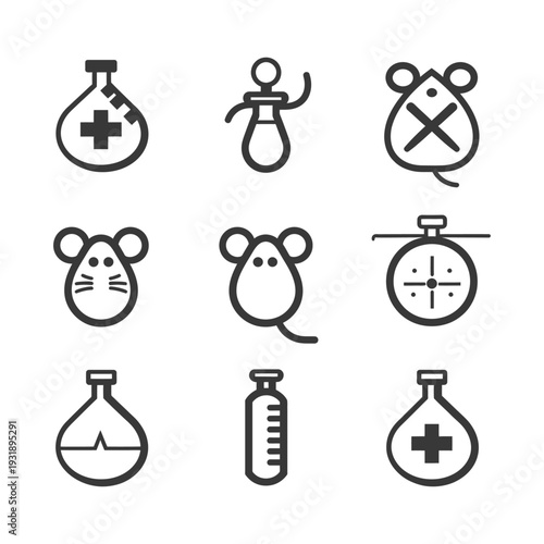Nine Black and White Icons Representing Laboratory and Medical Science
