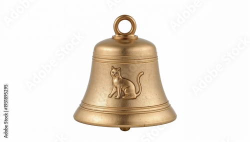 Swiss cowbell with cat motif brass engraving isolated rustic decorative animal bell traditional swiss souvenir