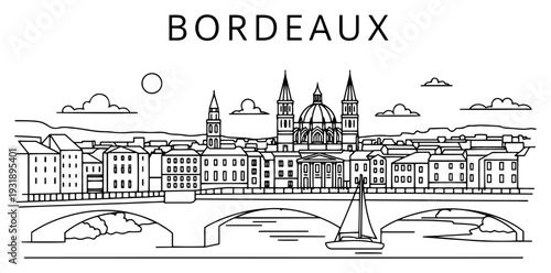 Minimal Line Art Bordeaux Skyline with Pont de Pierre Bridge and Sailboat Outline Illustration