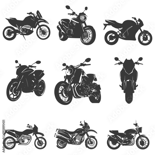 Nine Black and White Motorcycle Silhouettes