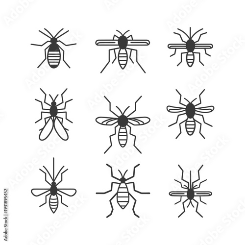 Nine Black and White Outline Illustrations of Mosquitoes