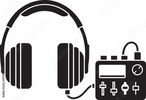 Modern vector illustration of studio headphones on a white background with music notes and audio symbols for professional sound equipment and entertainment technology design.