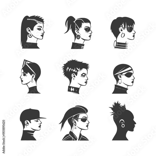 Nine Black and White Silhouettes of Women with Different Hairstyles and Piercings