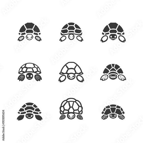 Nine Black and White Turtle Icons Facing the Viewer