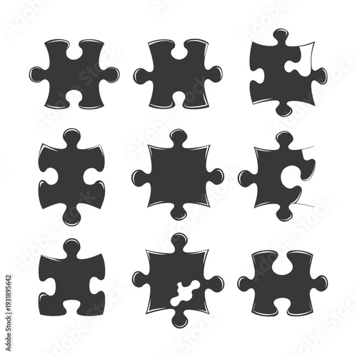 Nine Black Puzzle Pieces in Various Configurations