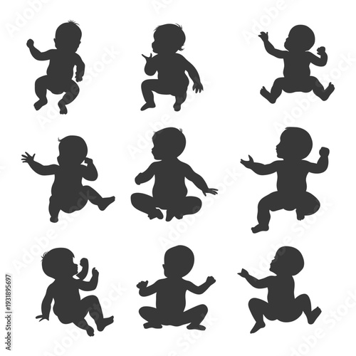 Nine Black Silhouettes of Baby Infants in Various Poses