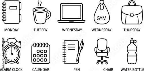 Calendar diary coffee laptop gym bag briefcase alarm clock pen chair water bottle