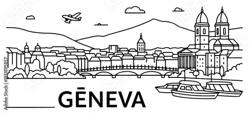 Minimal Line Art Geneva Skyline with Lake Bridge and Cathedral Outline Illustration