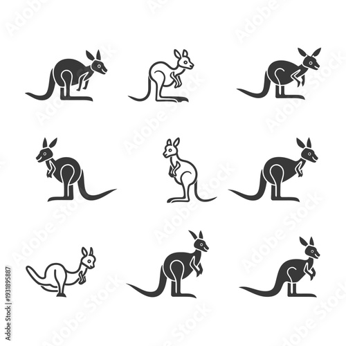Nine Different Black and White Silhouettes of Kangaroos