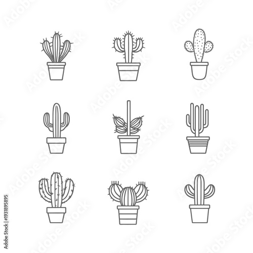 Nine Different Cactus Plants in Pots, Illustrated in Simple Outline Style