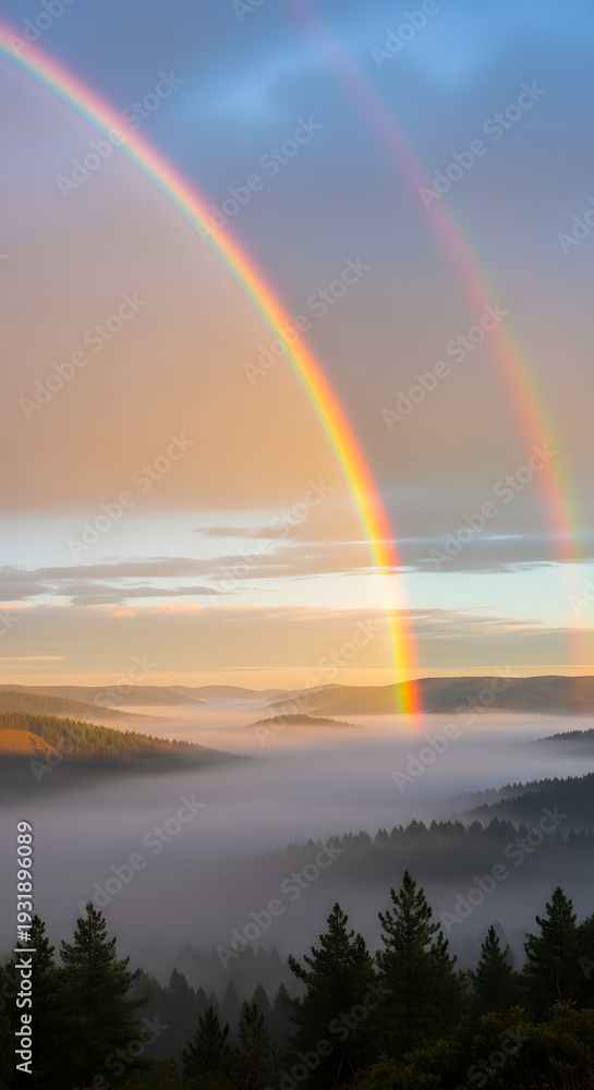 Obraz premium A breathtaking double rainbow arcs vibrantly over a tranquil, mist-filled forest valley, creating a serene and magical concept of nature's beauty and the hopeful light after rain