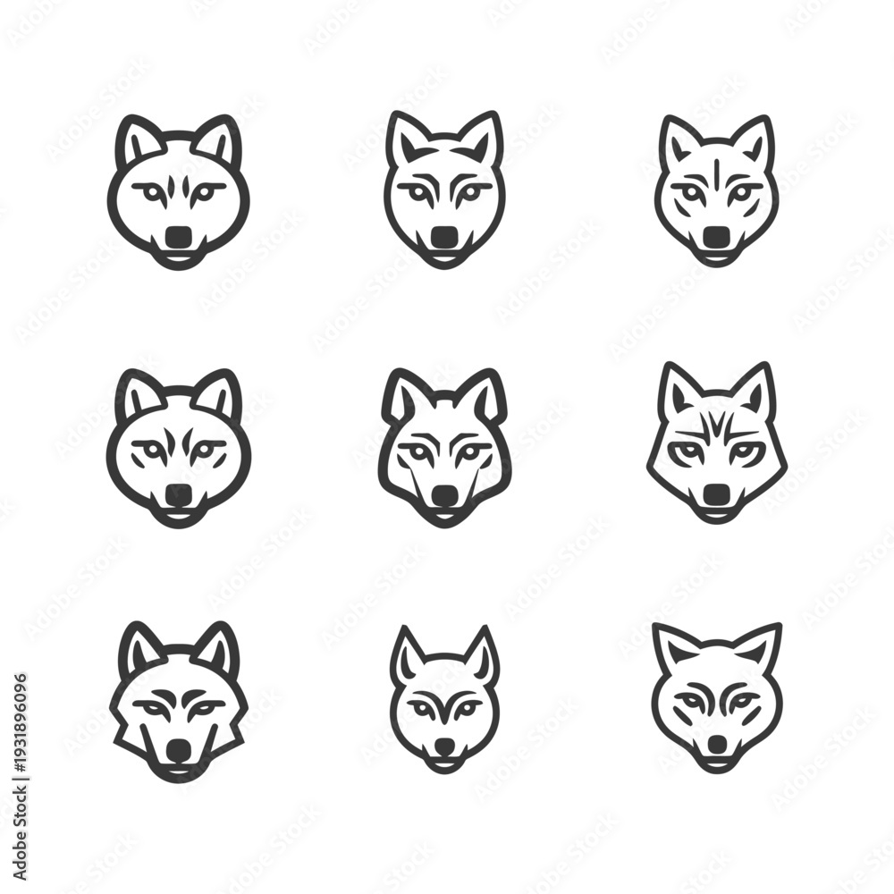 Obraz premium Nine Line Art Wolf Heads Facing Forward