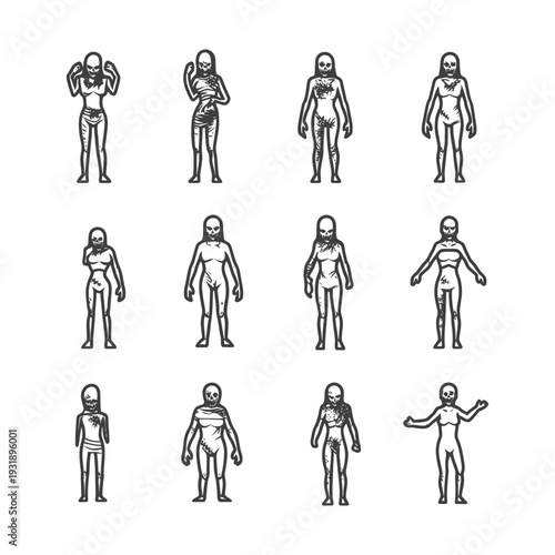 Nine Illustrations of Female Zombies with Skulls as Heads