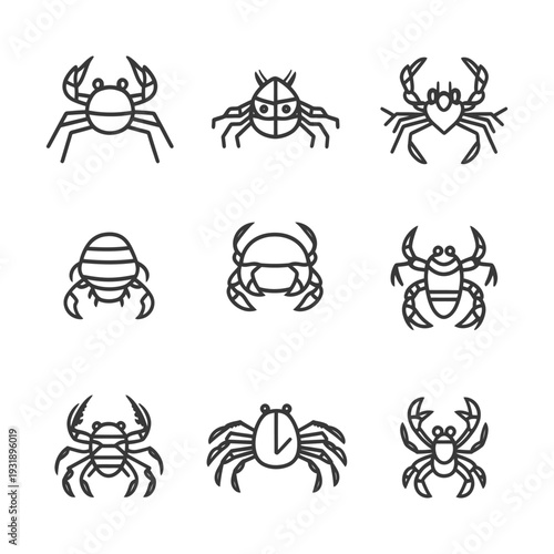 Nine Linear Crab Illustrations with Variations in Detail and Design