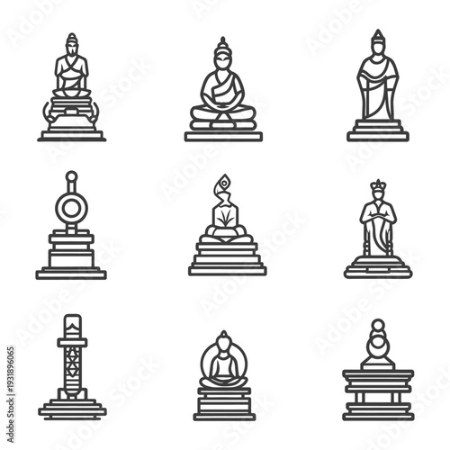 Nine Line Art Illustrations Depicting Buddhist Statues and Structures