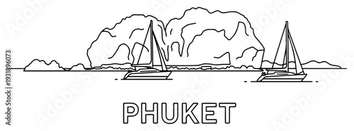 Minimalist line art skyline of Phuket coast with sailing boats illustration