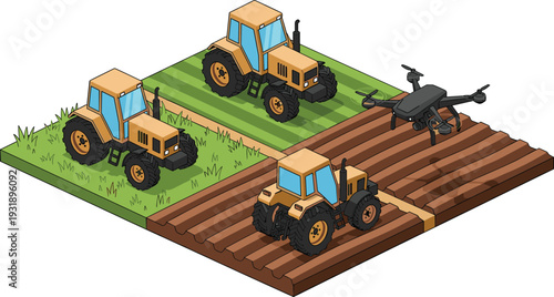 Tractors and drone in farming landscape agriculture fields