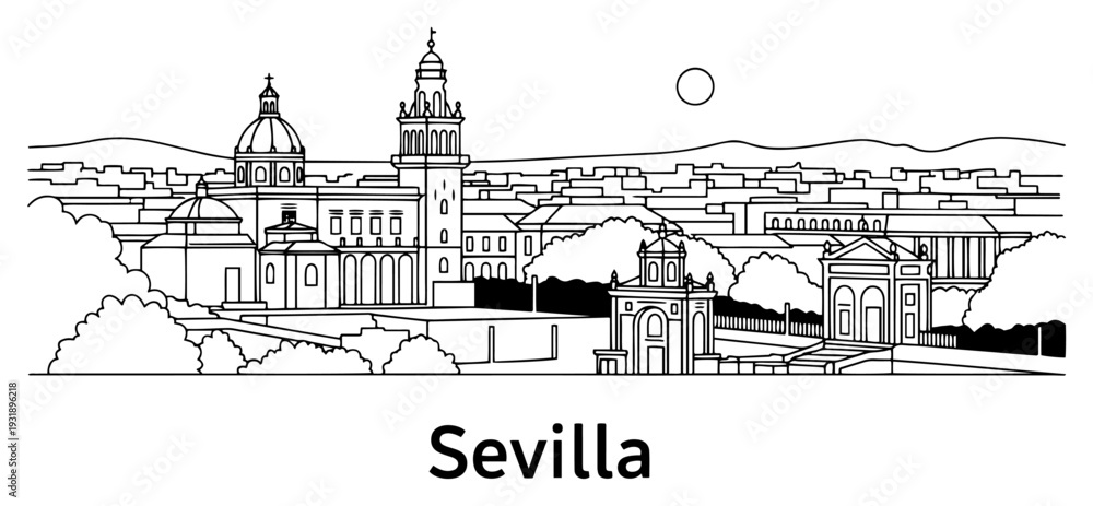 Fototapeta premium Minimalist line art skyline of Sevilla with Giralda tower and historic landmarks illustration