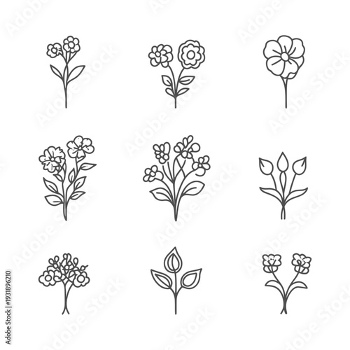 Nine Line Drawings of Different Flower Arrangements