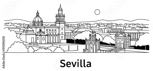 Minimalist line art skyline of Sevilla with Giralda tower and historic landmarks illustration