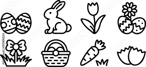Easter icons set line art simple drawings of bunny eggs tulip basket carrot and broken egg