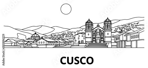 Line Art Cusco Peru City Skyline – Colonial Cathedral and Andean Mountain Landscape Outline