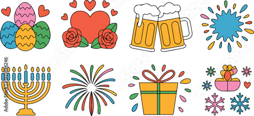 Colorful easter eggs hearts roses beer mugs splash menorah fireworks gift snowflakes