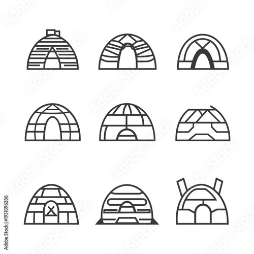 Nine Line Drawings of Igloo Structures