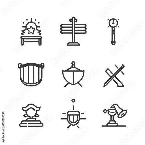 Nine Line Drawings of Medieval Weapons and Armor