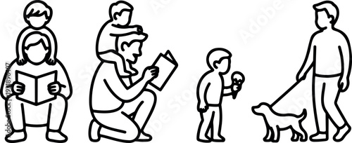 Family activities line art illustrations father reading son on shoulders child eating ice cream dog walking
