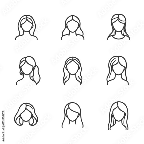 Nine Line Drawings of Women's Hairstyles