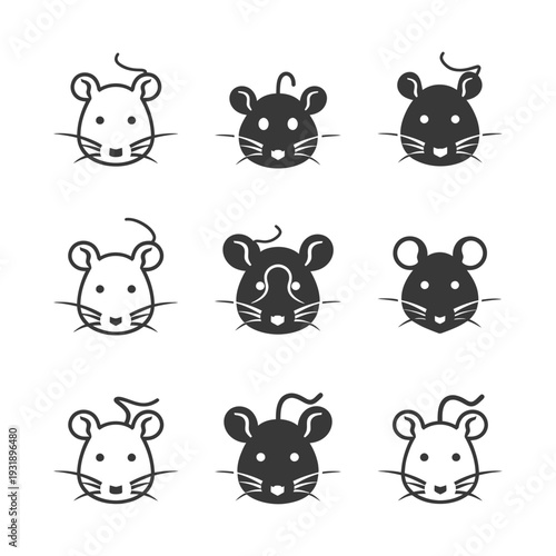 Nine Mouse Icons in Black and White, Featuring Outline and Solid Styles