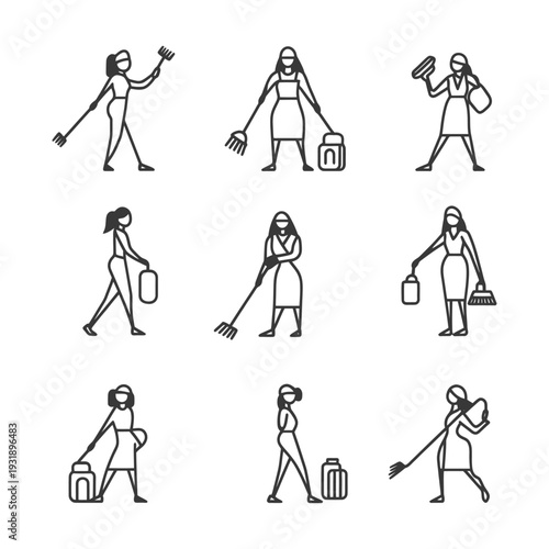 Nine Line Drawings of Women Performing Cleaning Tasks