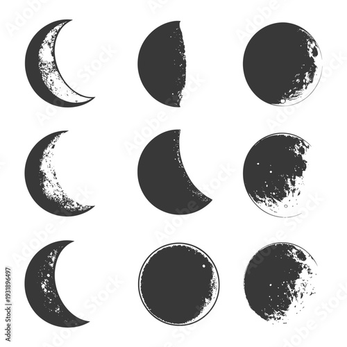 Nine Moon Phases in a Grunge Style Illustration
