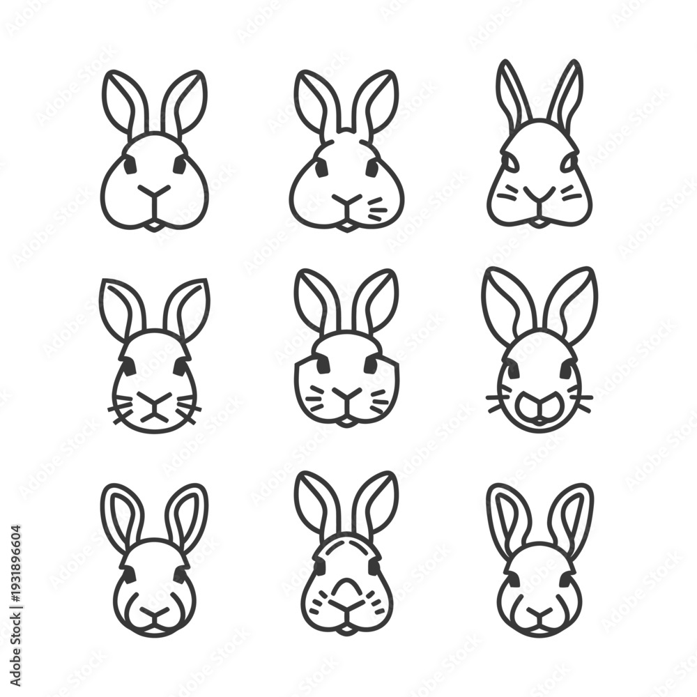 Fototapeta premium Nine Outline Illustrations of Rabbit Faces