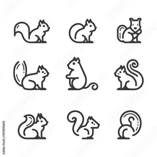 Nine Outline Illustrations of Squirrels in Various Poses