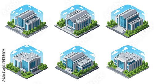 Set of six modern isometric buildings with large glass windows and surrounding green spaces, representing corporate offices or public institutions in a clean vector style
