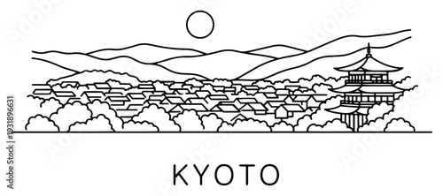 Minimal Line Art Kyoto Skyline with Pagoda and Mountain Range Outline Illustration